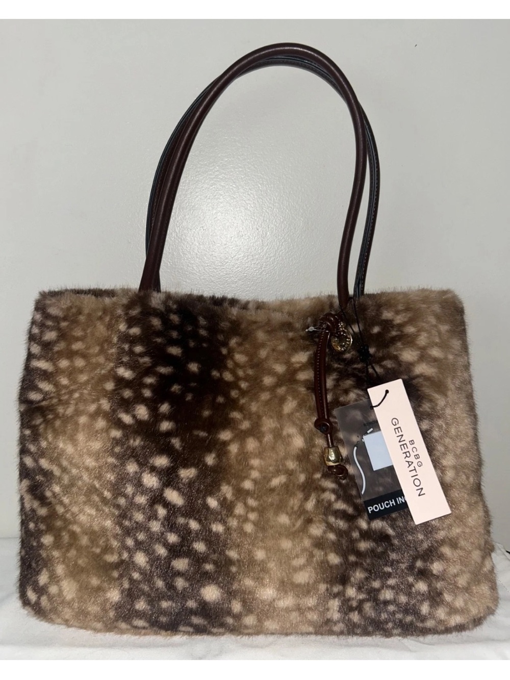 NEW! BCBG Generation Faux Fur Deer Print Tote Bag + Pouch Dark Fawn Brown